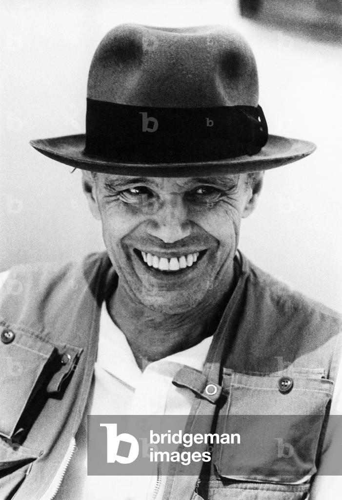 Joseph Beuys in his studio, Dusseldorf, Germany, 1984 (b/w photo)