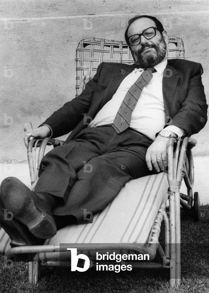 Umberto Eco, at Villa Deati, Alessandria, Piedmont, 1978 (b/w photo)
