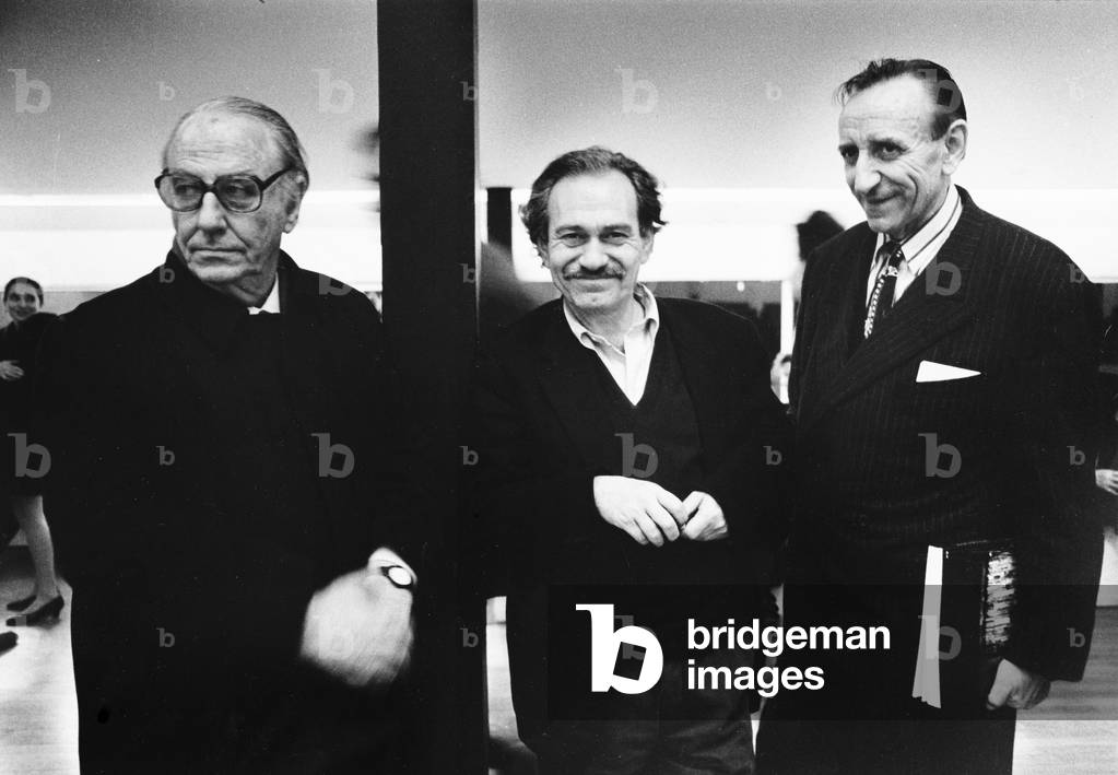 Fabio Mauri, Jannis Kounellis, Lucio Amelio, at Kounellis' Exhibition, 1980s (b/w photo)
