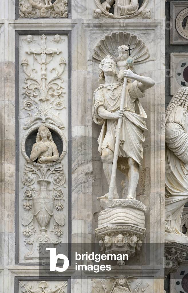 Saint Cristopher, detail of the exterior of Certosa di Pavia, Province of Pavia, Lombardy, Italy (photo)