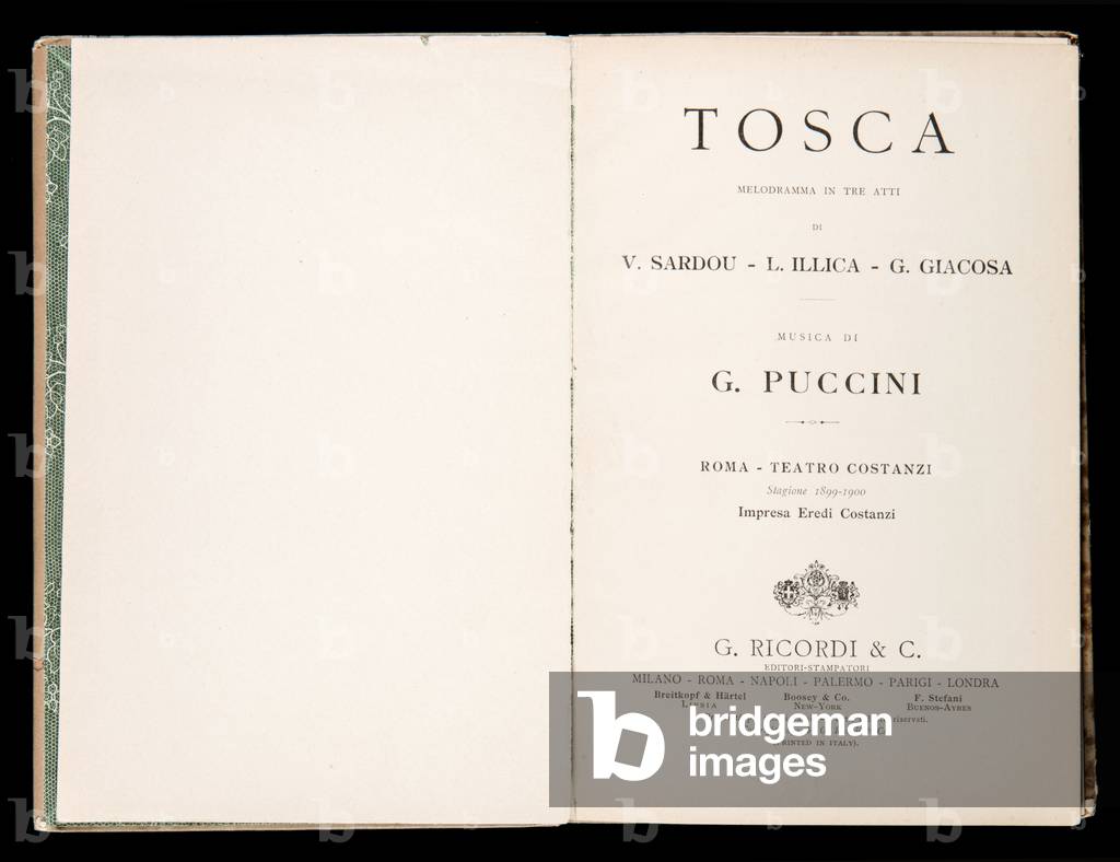Title page, Libretto della Tosca, by Giacomo Puccini, Edizione Ricordi, Italy, 1899
