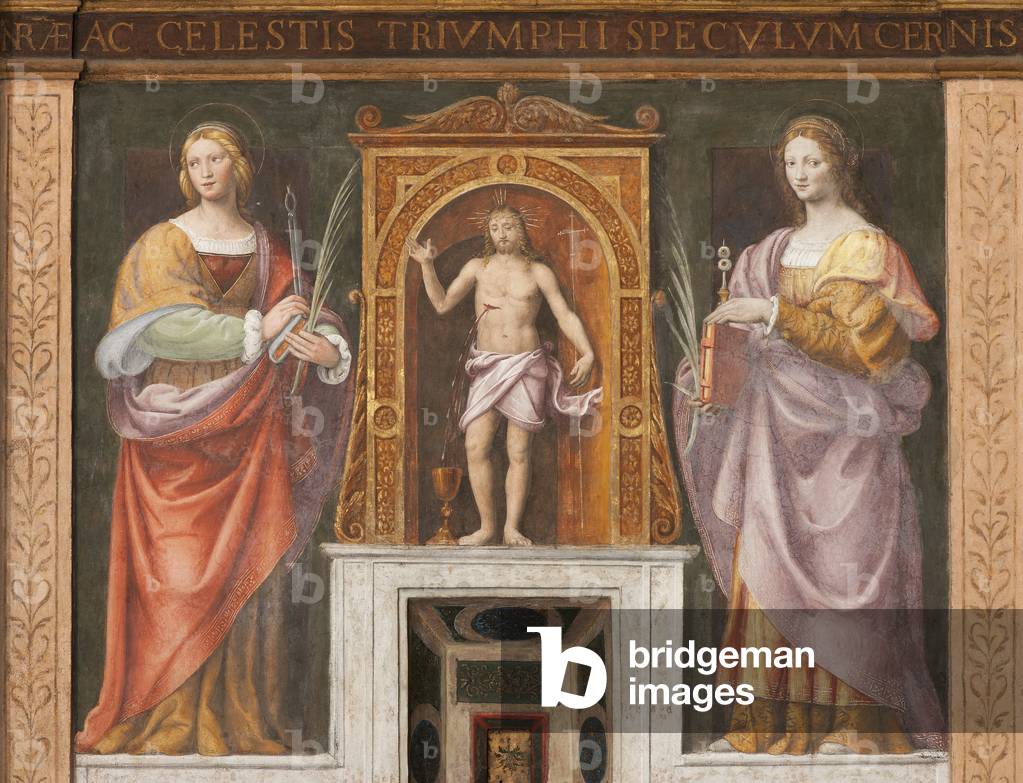 Representation of Saint Apolline of Alexandria and Saint Lucia View of the Tramezzo between the altar side church and the choir of the convent by Bernardino Luini (1481-1532): altarpiece of the adoration of the Magi - Church of San Maurizio al Monastero Maggiore - Milan, Italy