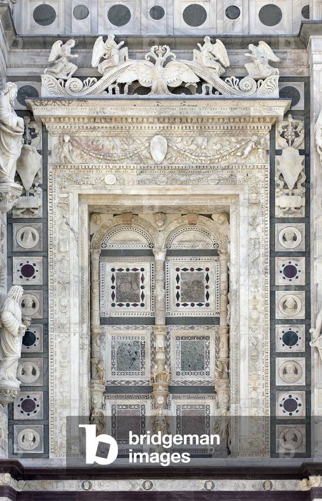 Double arched window, first on the left, detail of the exterior of Certosa di Pavia, Province of Pavia, Lombardy, Italy (photo)