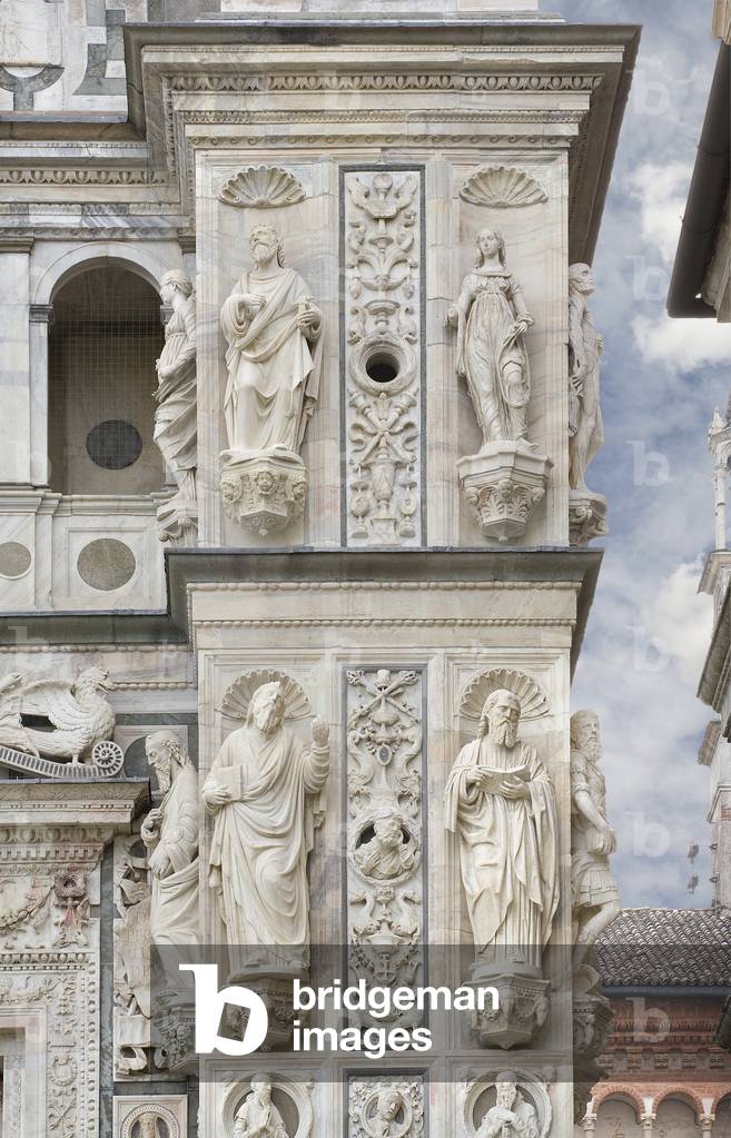 Statues on the right side, first and second row of the exterior of Certosa di Pavia, Province of Pavia, Lombardy, Italy (photo)