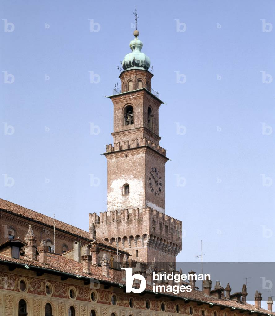 View of the Bramante clocktower, Piazza Ducale, Vigevano, Province of Pavia, Lombardy, Italy (photo)