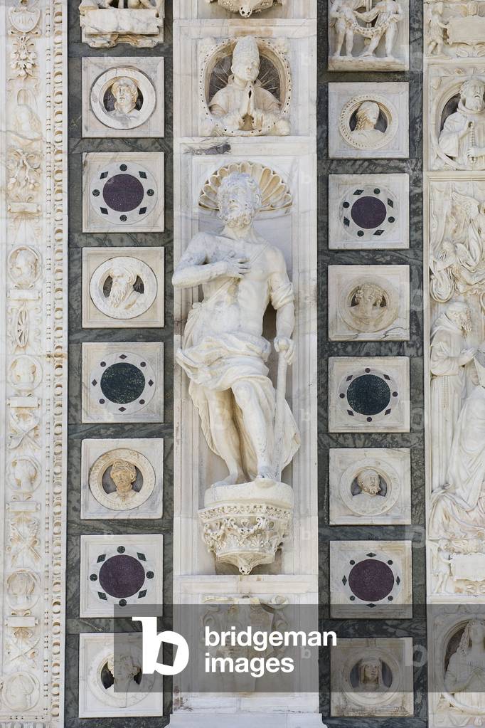 Saint James, Saint James, left side, first row, detail of the exterior of Certosa di Pavia, Province of Pavia, Lombardy, Italy (photo)