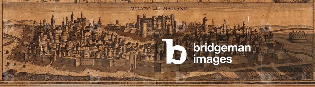 Map of Milan with the churches, 1700 Detail depicting a glimpse of the city with the castle