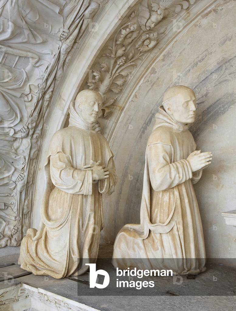Lunette depicting Madonna and Carthusian monk, detail of the exterior of Certosa di Pavia, Province of Pavia, Lombardy, Italy (photo)