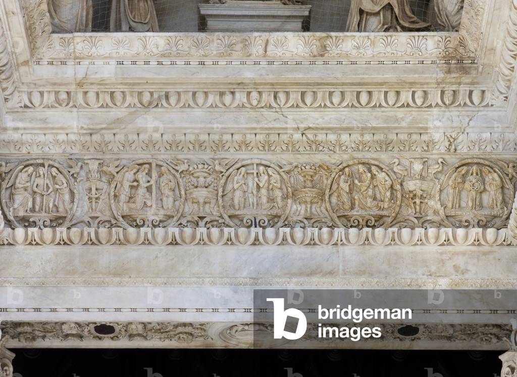 Frieze, detail of the exterior of Certosa di Pavia, Province of Pavia, Lombardy, Italy (photo)