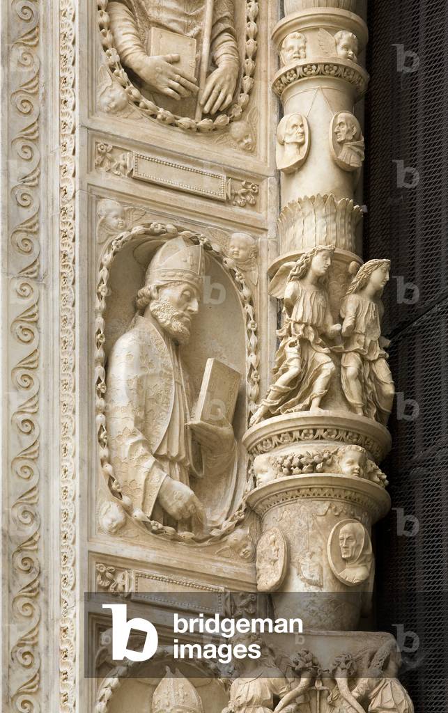 Holy Bishop, detail of the exterior of Certosa di Pavia, Province of Pavia, Lombardy, Italy (photo)