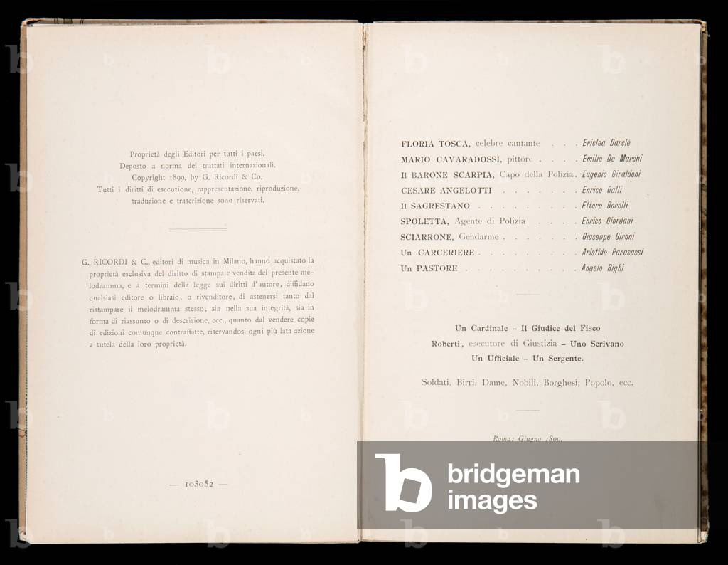 Libretto della Tosca by Giacomo Puccini, Edition Ricordi, Italy, 1899