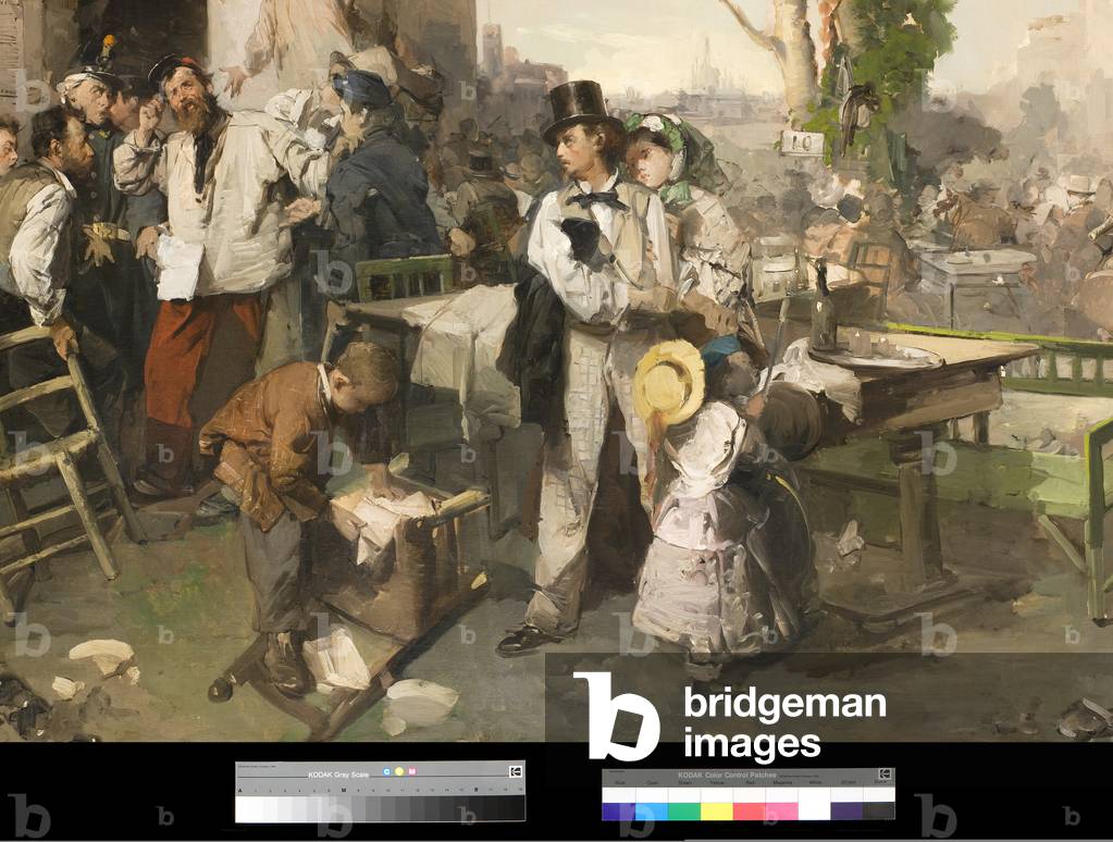 Bulletin announcing the Peace of Villafranca, 1861-62 (oil on canvas) (detail of 3497535)