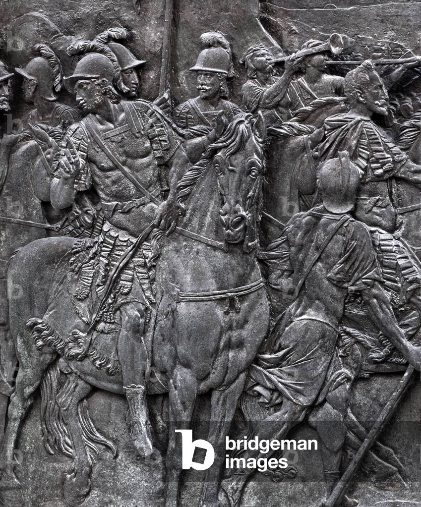 View of the statue of Ranuccio I Farnese made by Francesco Mochi, 1620-1625 Detail of the base representing Alessandro Farnese (1545-1592) during the Battle of Flanders (Battle of Saint Quentin) in 1577 - Plaisance, Italy