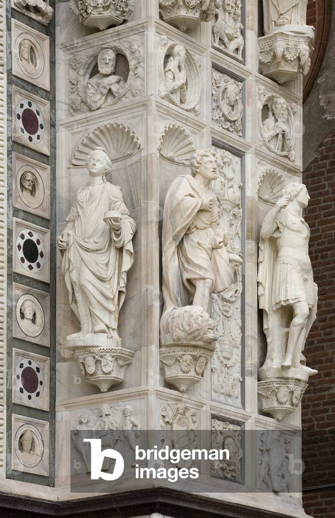 Saint Barbara and Saint Maurice, detail of the exterior of Certosa di Pavia, Province of Pavia, Lombardy, Italy (photo)