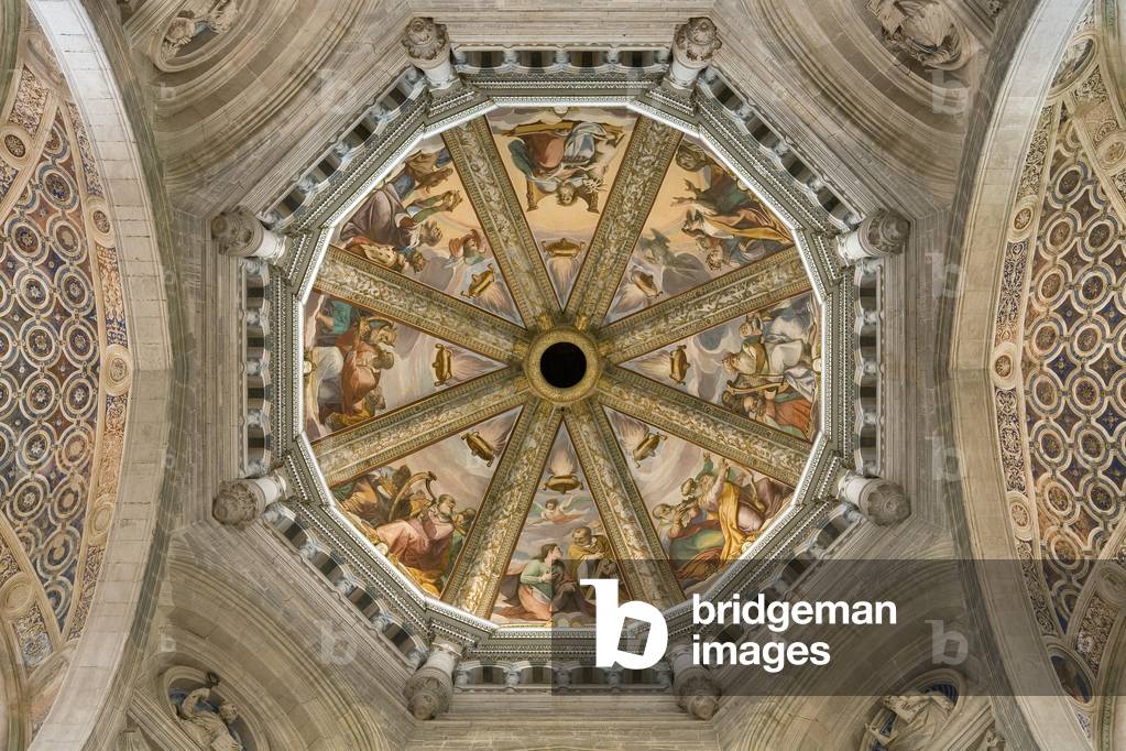 View of the vault of the central nave with fresco, Certosa di Pavia, Lombardy, Italy (photo)