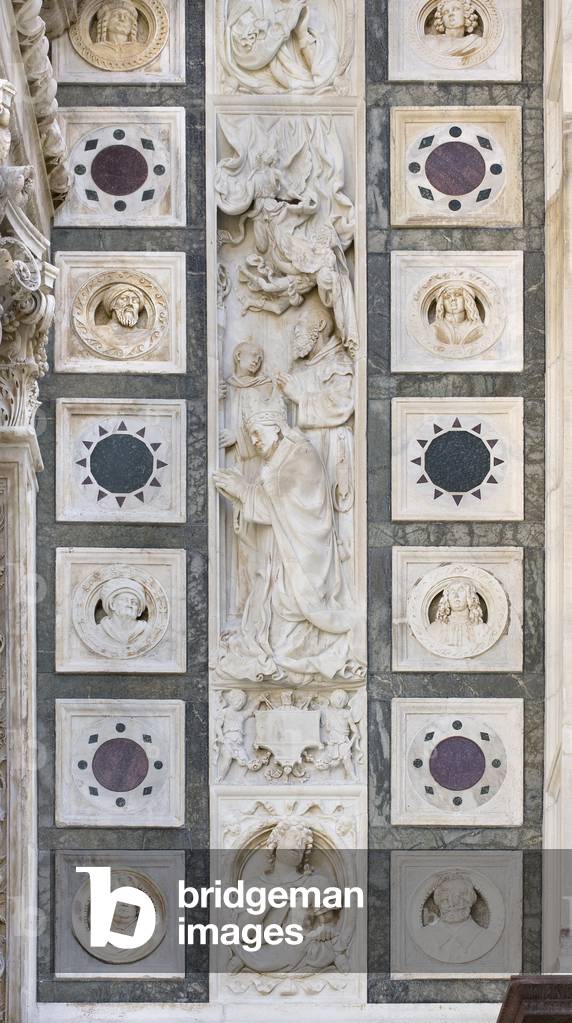 Saint Eugene, detail of the exterior of Certosa di Pavia, Province of Pavia, Lombardy, Italy (photo)