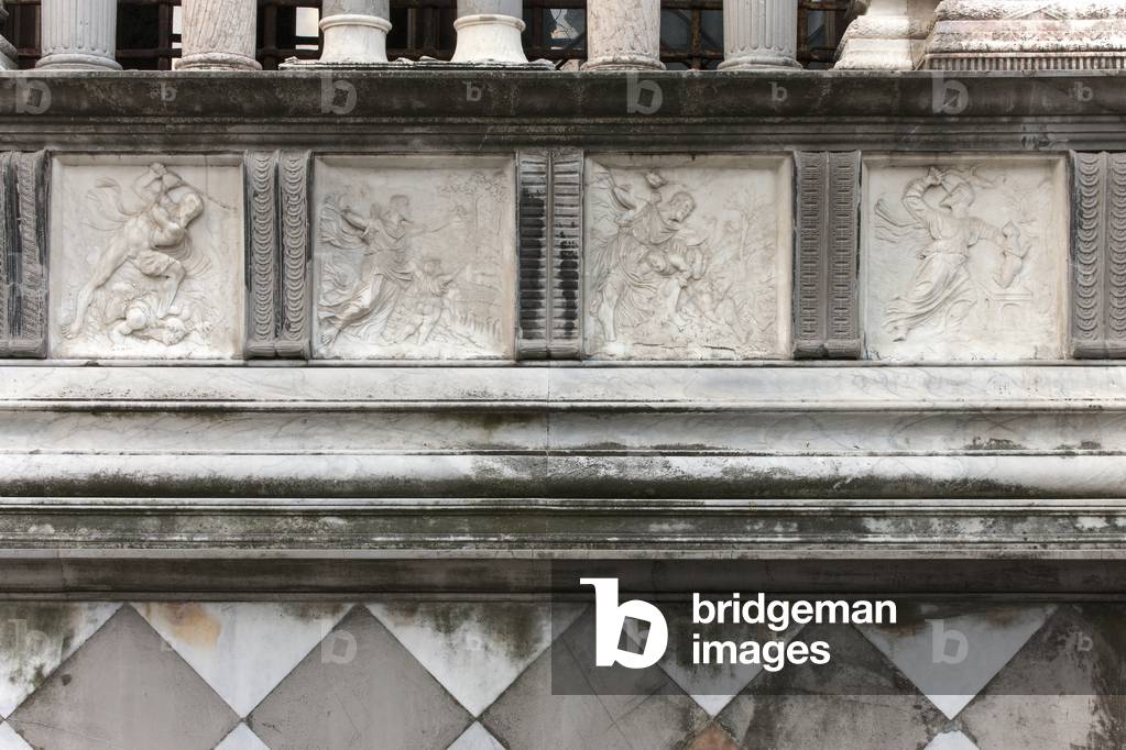Scenes from the Genesis, facade of Cappella Colleoni, Bergamo, Italy (photo)