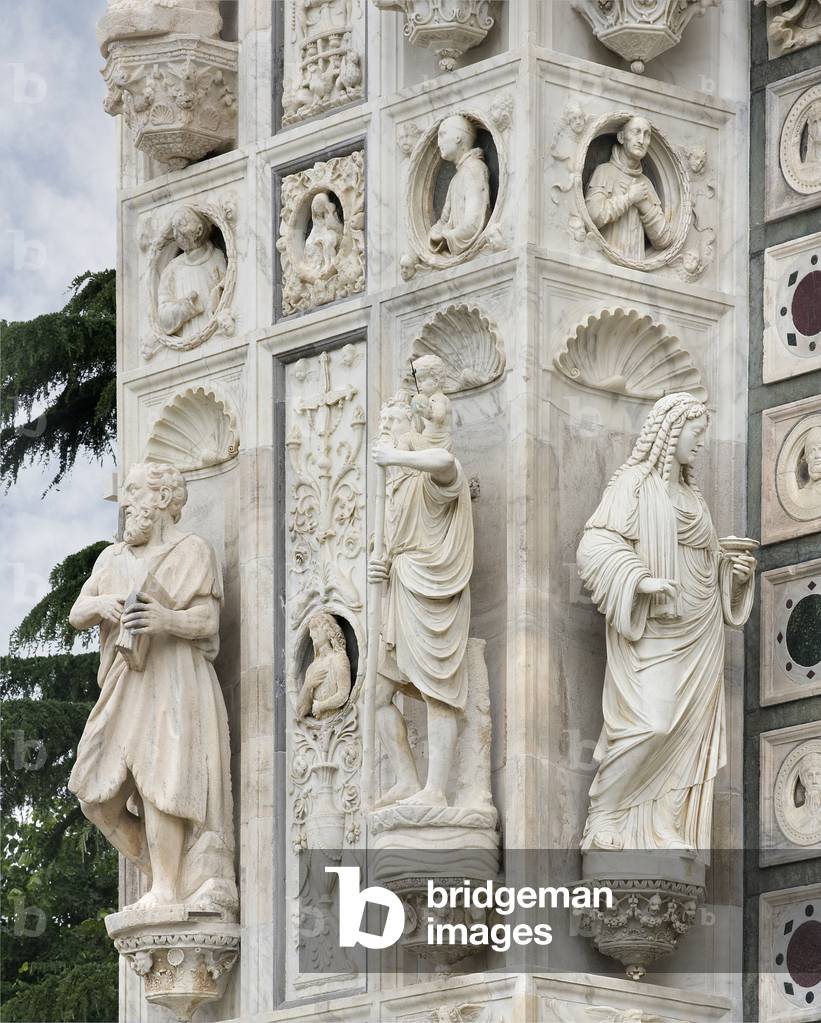 Apostle, Saint Cristopher and Saint Luvy, detail of the exterior of Certosa di Pavia, Province of Pavia, Lombardy, Italy (photo)