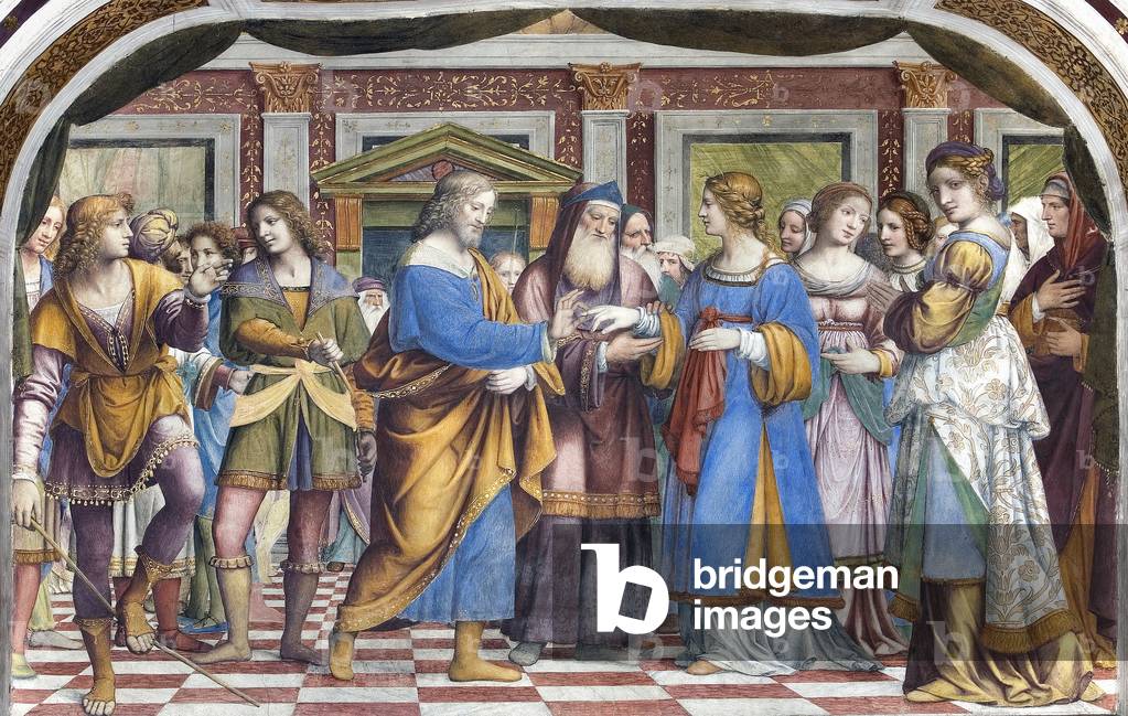 The Life of Jesus: “” The Marriage of Mary”” Fresco by Bernardino de Scapis dit Bernardino Luini (1481-1532) 1525 Santuario della Beata Vergine dei Miracoli, Saronno, Italy.