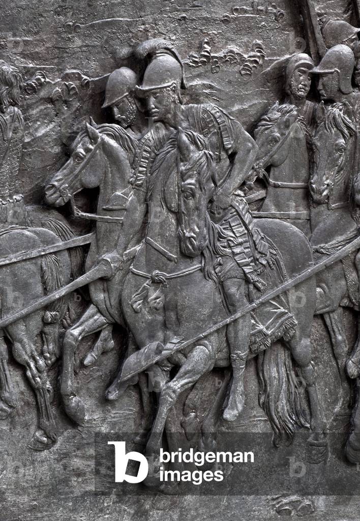 View of the statue of Ranuccio I Farnese made by Francesco Mochi, 1620-1625 Detail of the base representing Alessandro Farnese (1545-1592) during the Battle of Flanders (Battle of Saint Quentin) in 1577 - Plaisance, Italy