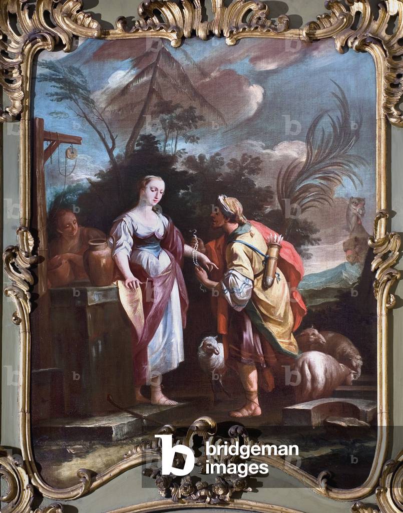 Rebecca at the well Rebecca receiving from Eliezer the hands of Abraham presents from Abraham. Eliezer, Abraham's servant, charged to find a wife for his son Isaac, met Rebecca, who followed him to marry the young man. Painting of the Italian School (18th century) Salon, Bank BNL, Turin Italy