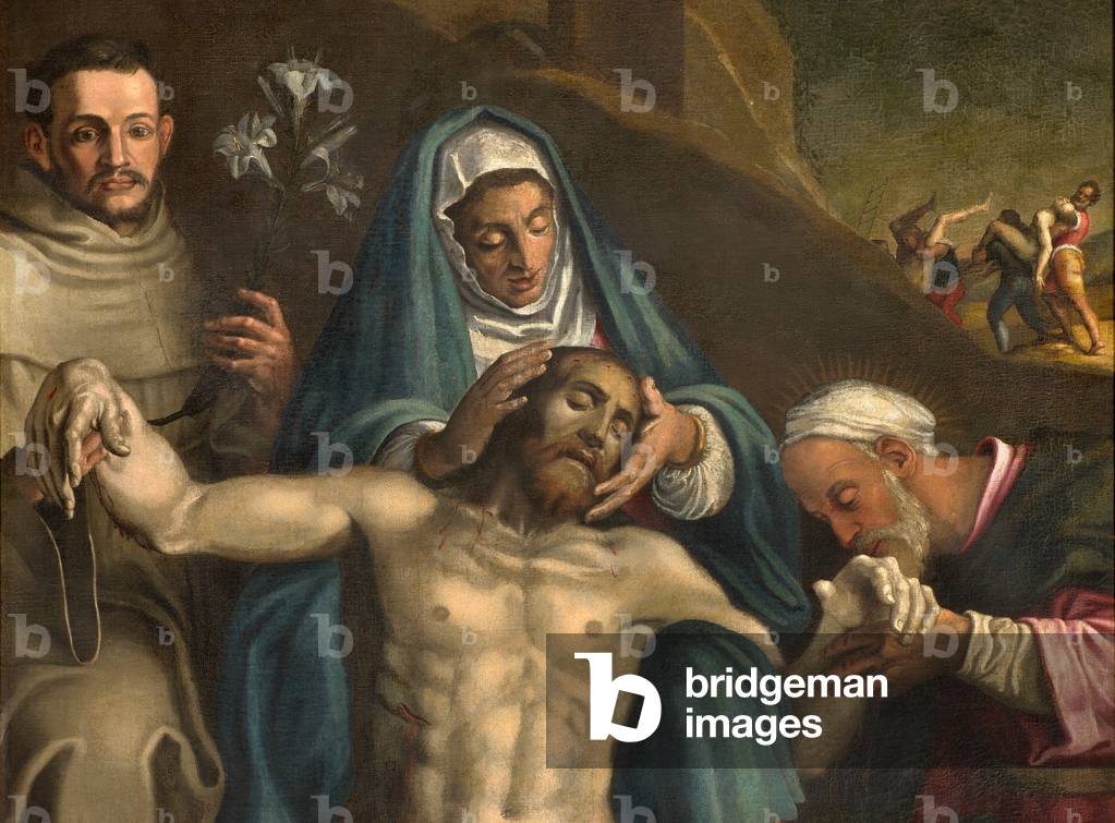 North Transept, Altar of the Deposition, Deposition of Christ supported by the Virgin and Saints Raymond and Anthony of Padua, Antonio Campi 1566, Detail Altarpiece