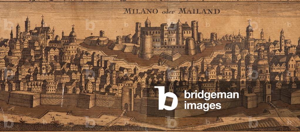 Map of Milan with the churches, 1700 Detail depicting a glimpse of the city with the castle