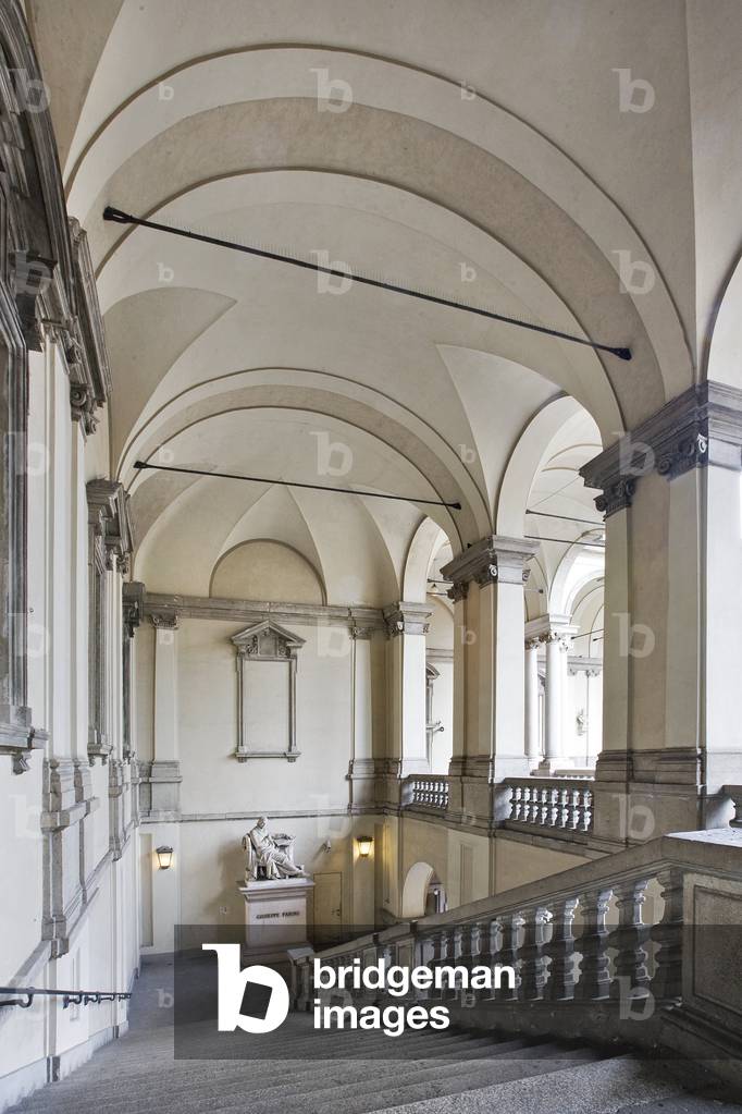 Right side staircase, Pinacoteca Courtyard, Palazzo Brera, Milan, Italy (photo)