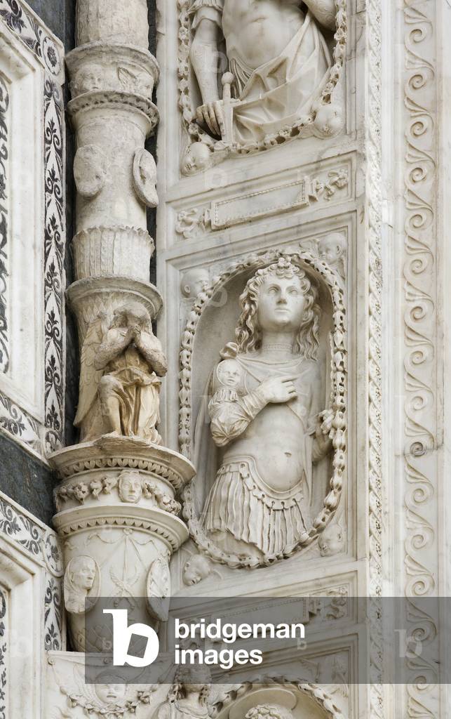 Holy warrior, detail of the exterior of Certosa di Pavia, Province of Pavia, Lombardy, Italy (photo)