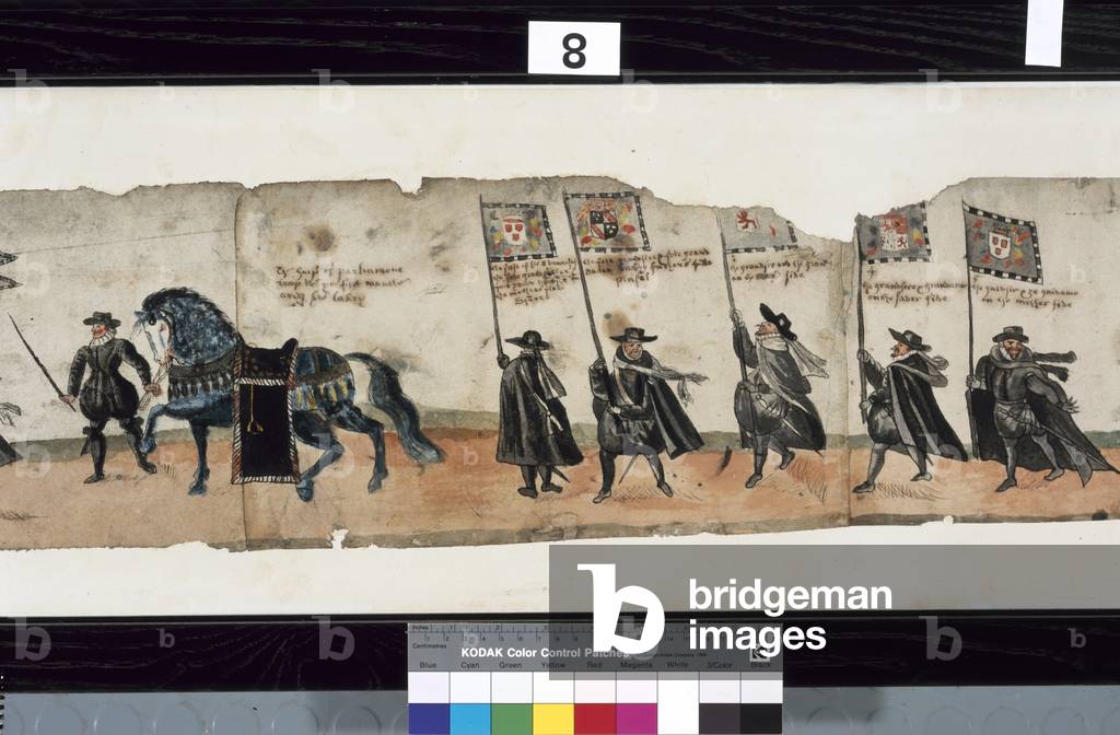 Detail from The Huntly Funeral Procession, said to have been used for the obsequies of George 1st, Marquess of Huntly, 1636 (coloured engraving)