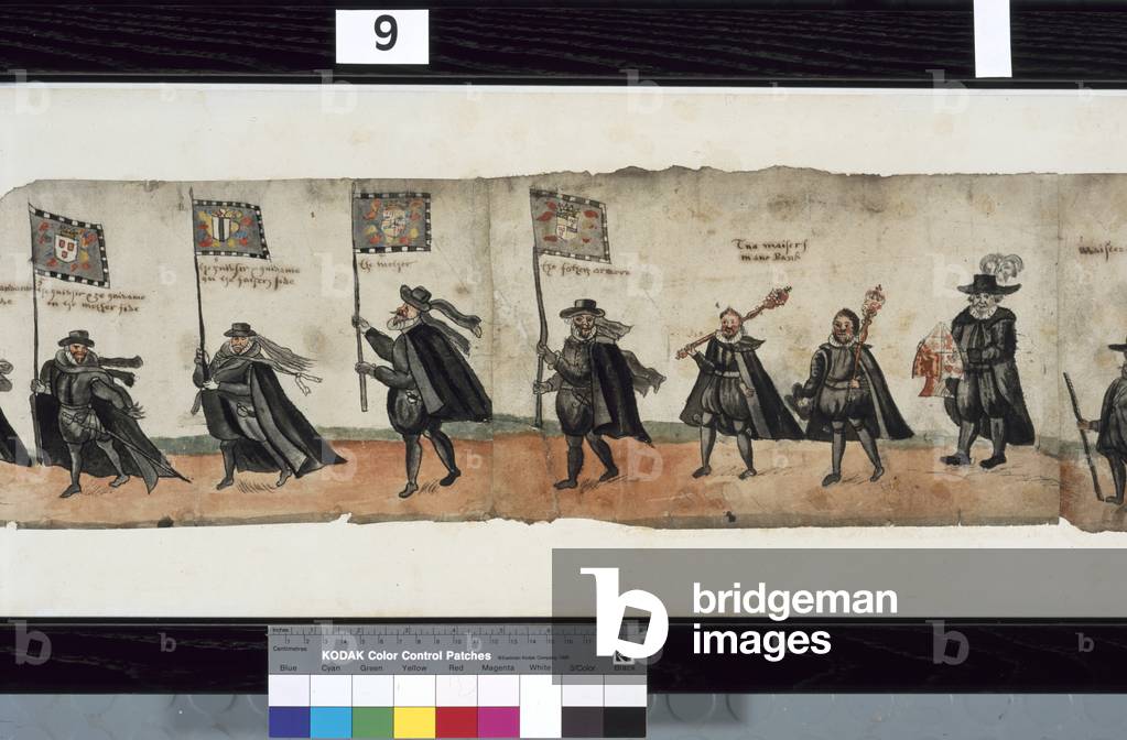 Detail from The Huntly Funeral Procession, said to have been used for the obsequies of George 1st, Marquess of Huntly, 1636 (coloured engraving)