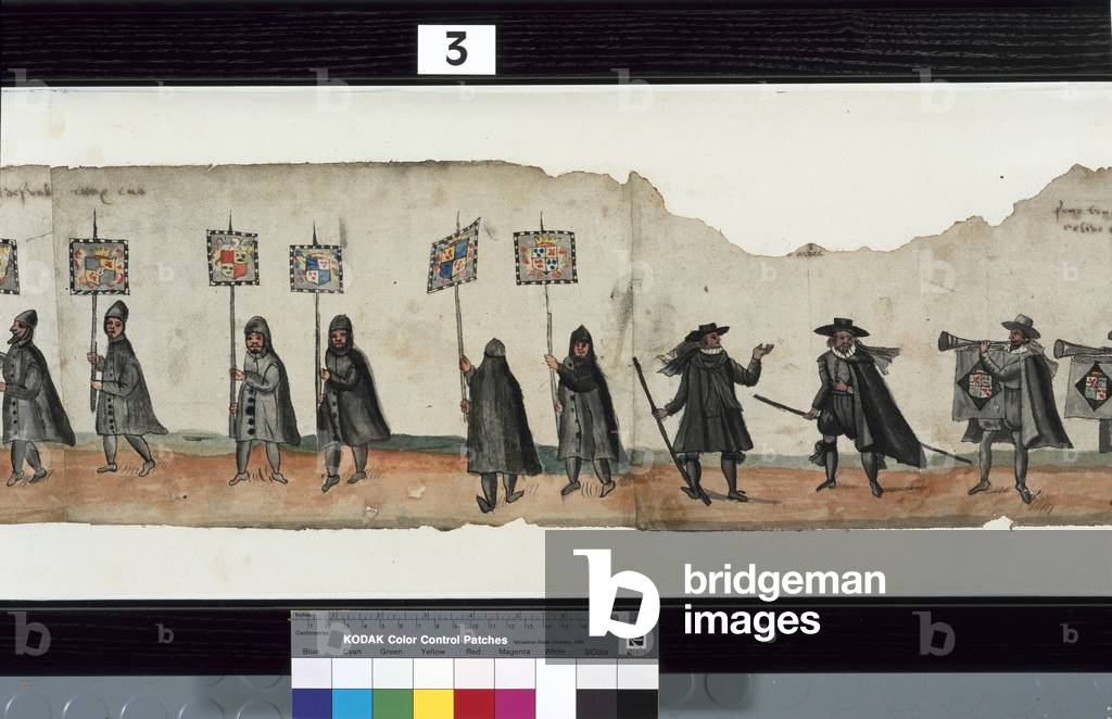 Detail from The Huntly Funeral Procession, said to have been used for the obsequies of George 1st, Marquess of Huntly, 1636 (coloured engraving)