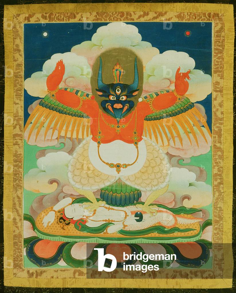 Thangka Gemälde von Garuda trampelt eine sterbende Nagade (Tuch)