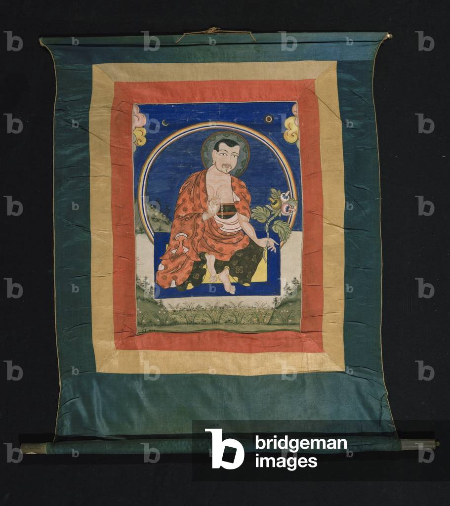 Thangka painting despicting Arhat in monk's robes holding 'mala' prayer beads in his right hand and the stem of a plant with leaves and three flowers in his left hand, 1700-1825