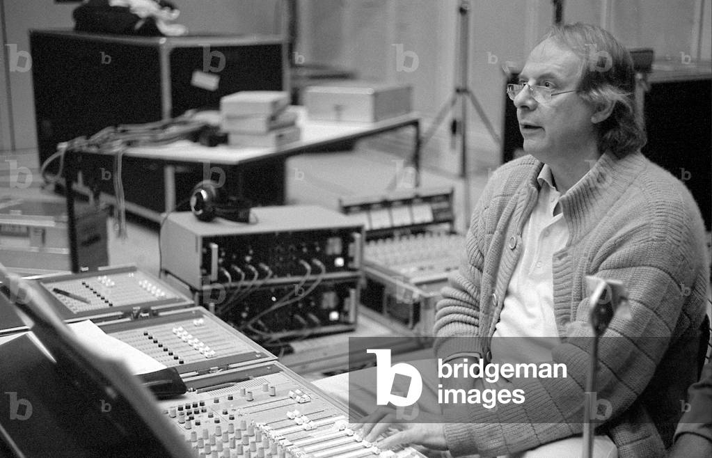 Karlheinz Stockhausen - portrait of the German composer at mixing desk. January 1987. b. 22 August 1928.