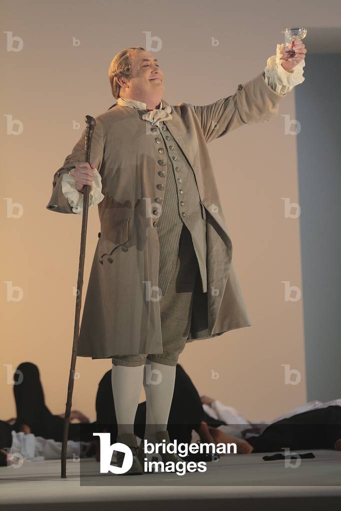 Semele (opera) by George Frederic Handel.  Théatre des Champs Elysées, Paris, France. July 2010.Close up of Peter Rose (Cadmus).  Performed by Les Talents Lyriques orchestra. Directed by Christophe Rousset. Artistic director David McVicar. GFH:  German-English composer, 23 February 1685 - 14 April 1759.