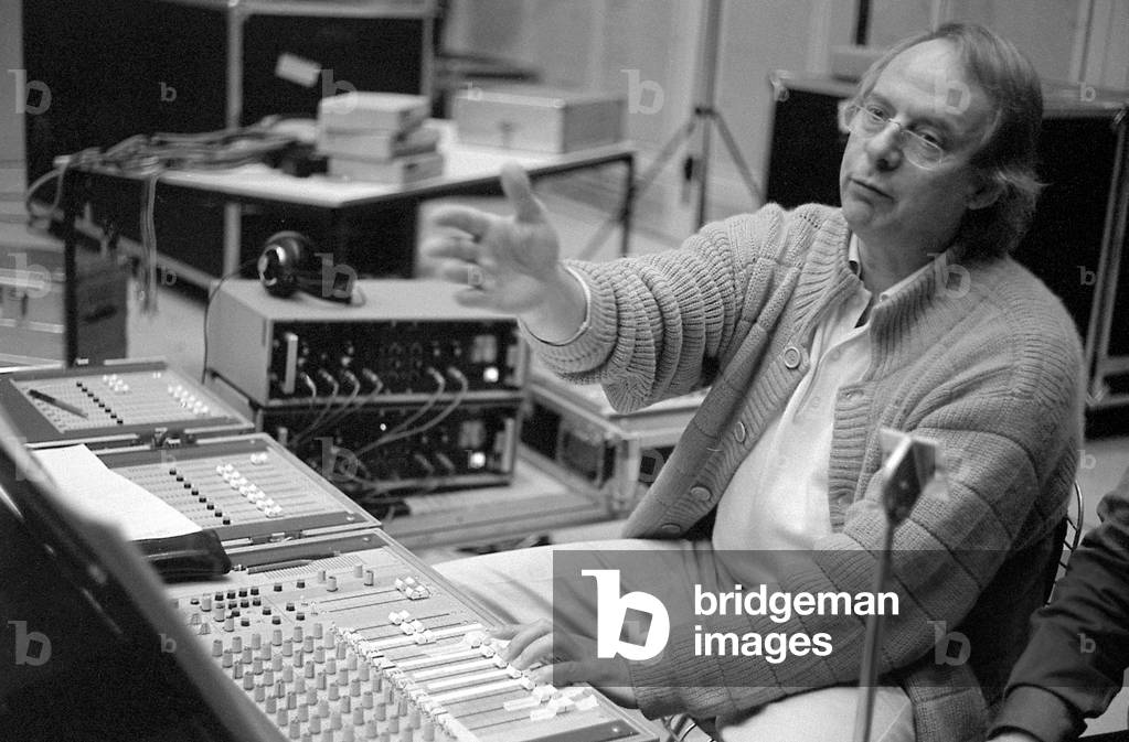 Karlheinz Stockhausen - portrait of the German composer at mixing desk. January 1987. b. 22 August 1928
