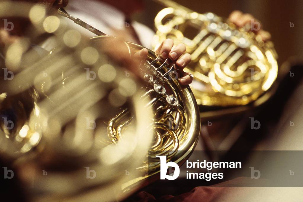 Horns in an orchestra - focusing on the hand of the musician