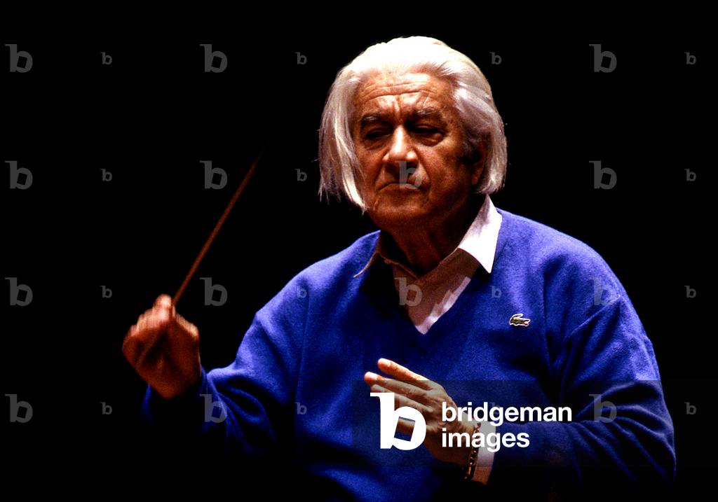 Sergiu Célibidache in October 1988  conducting, Paris, France. Romanian conductor, 1912 - 1996