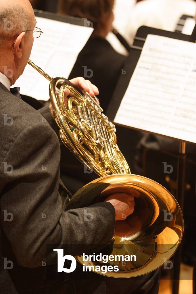 French horn and score in a symphony orchestra, 2008.