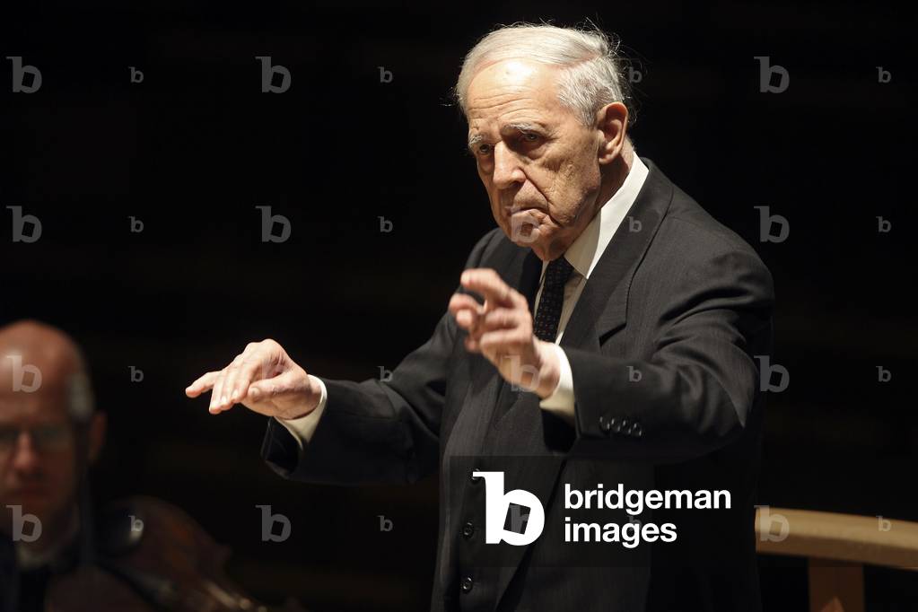 Pierre Boulez in May 2010 conducting l'Orchestre de Paris, Salle Pleyel, Paris, France.  French composer and conductor, b. 1925