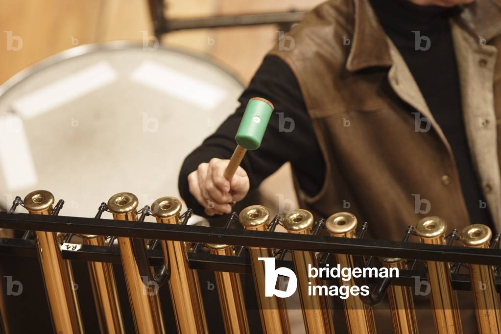 Percussion instruments - musician playing concert chimes (tubular bells). Hammer.