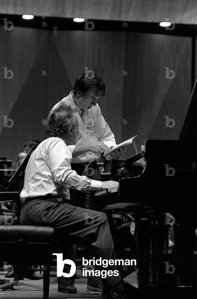 Claudio Abbado, Italian conductor and Maurizio Pollini, Italian pianist rehearsing  at Salle Pleyel, Paris. February 1988. MP  5 January 1942- . CA: 26 June, 1933 - .
