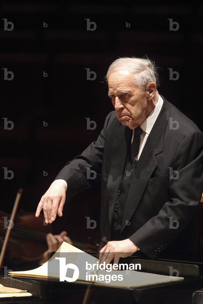 Pierre Boulez in May 2010 conducting l'Orchestre de Paris, Salle Pleyel, Paris, France.  French composer and conductor, b. 1925