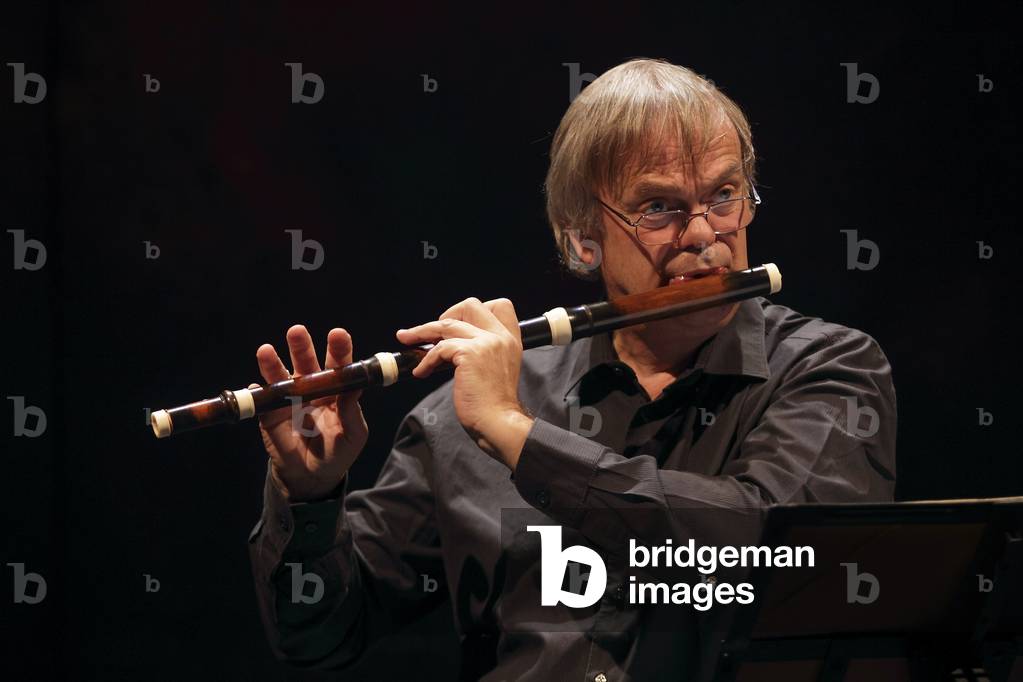 Barthold Kuijken. Portrait photograph taken at the Théatre de la Ville, Paris, October 2011. Belgian flautist, born in 1949.