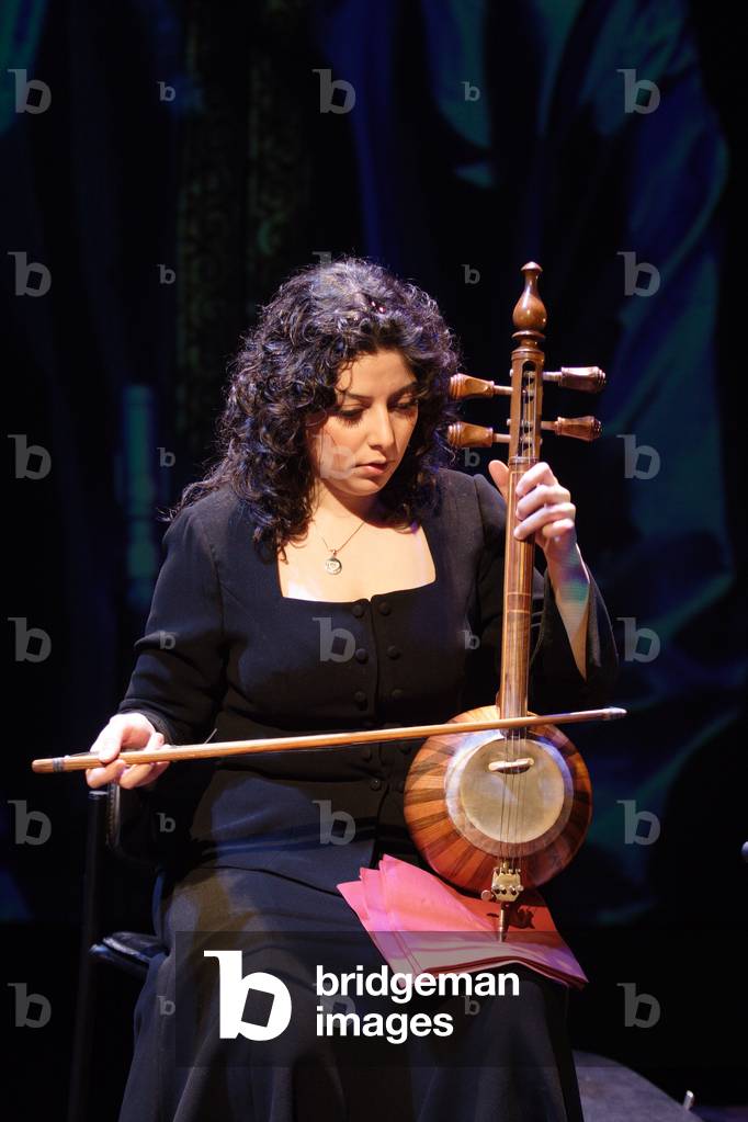 Laya Etemadi - playing the Kamantche (bowed lute) in the theatre de la ville, Paris, November 2007. Persian/ Iranian musician.