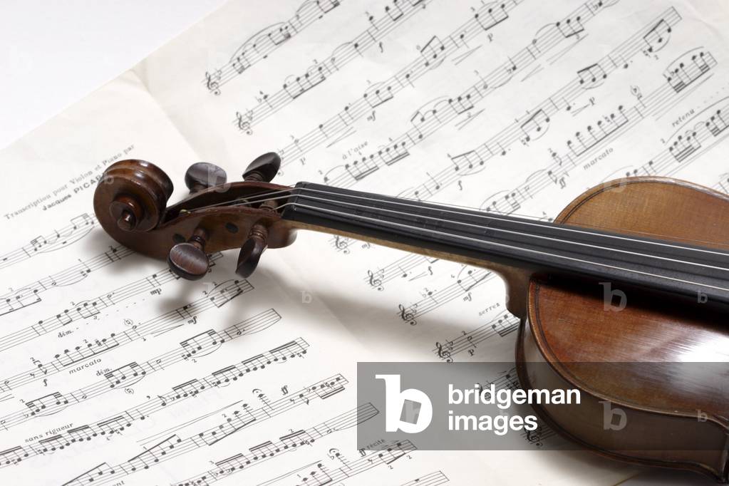 1/2 Violin on an open score. No people. Copy of a Carlo Bergonzi violin