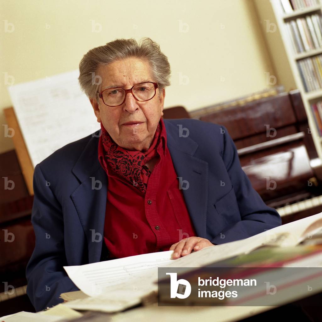 portrait of the french composer born in 1916, in his working room, on the Ile saint Louis, in Oct. 2003