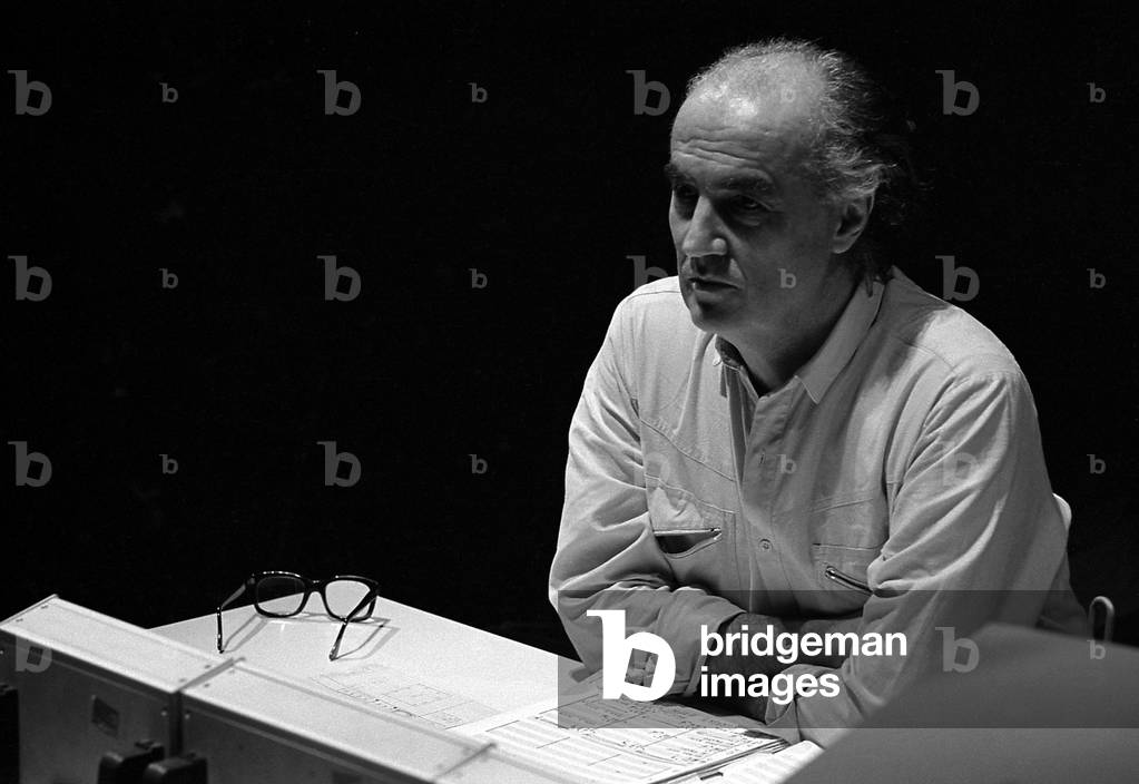 Luigi Nono - portrait of the Italian composer in a recording studio at the IRCAM, Paris, France, 1985. 29 January 1924 - 8 May 1990.