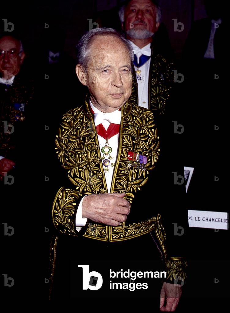 Marcel Landowski in 1995 dressed as a member of the French Academy, Paris, France. French composer and biographer, 1915 - 1999